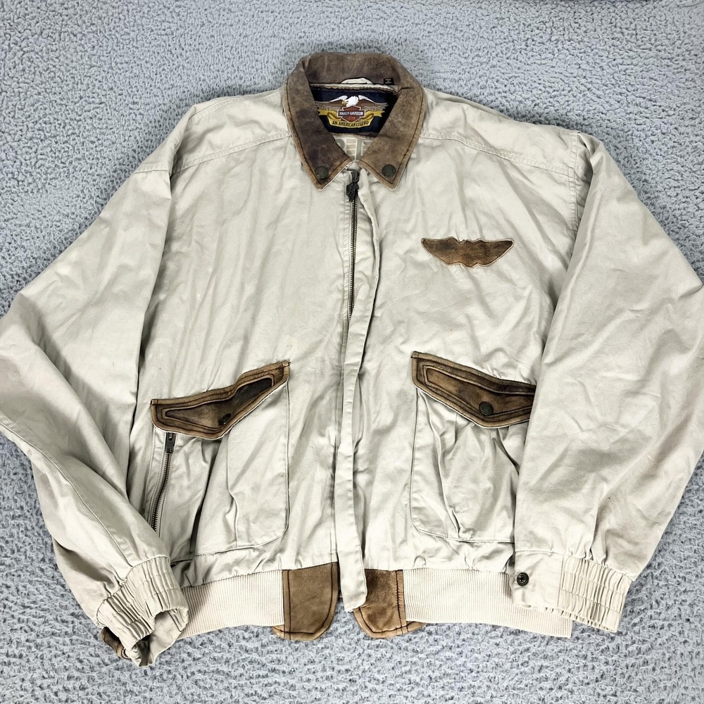 Vintage Harley-Davidson Jacket Mens 2XL Beige Canvas Leather Bomber Motorcycle